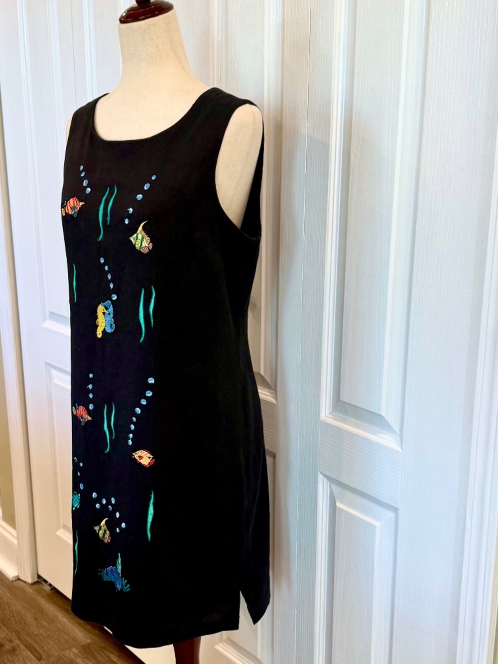 Vintage, Woman's Size 12 Black Linen Blend Dress, Embroidered Fish etc, Lined
